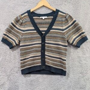 Women's Puff Short Sleeve V-Neck Cardigan Small - DR2 Teal Tan Brown Striped